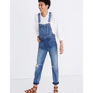 Madewell Womens XXS Blue Denim Straight Leg Overalls Distressed Ripped Knee
